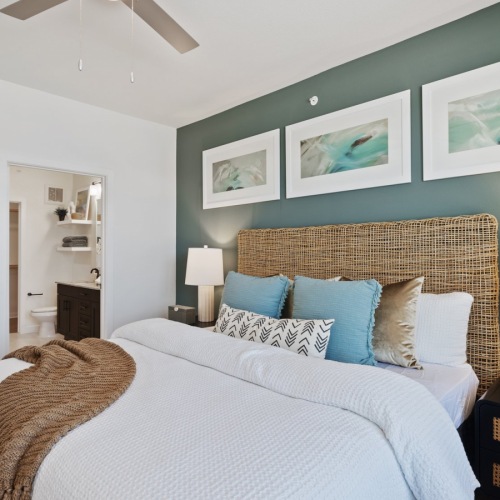 Bedroom with natural lighting and high ceilings