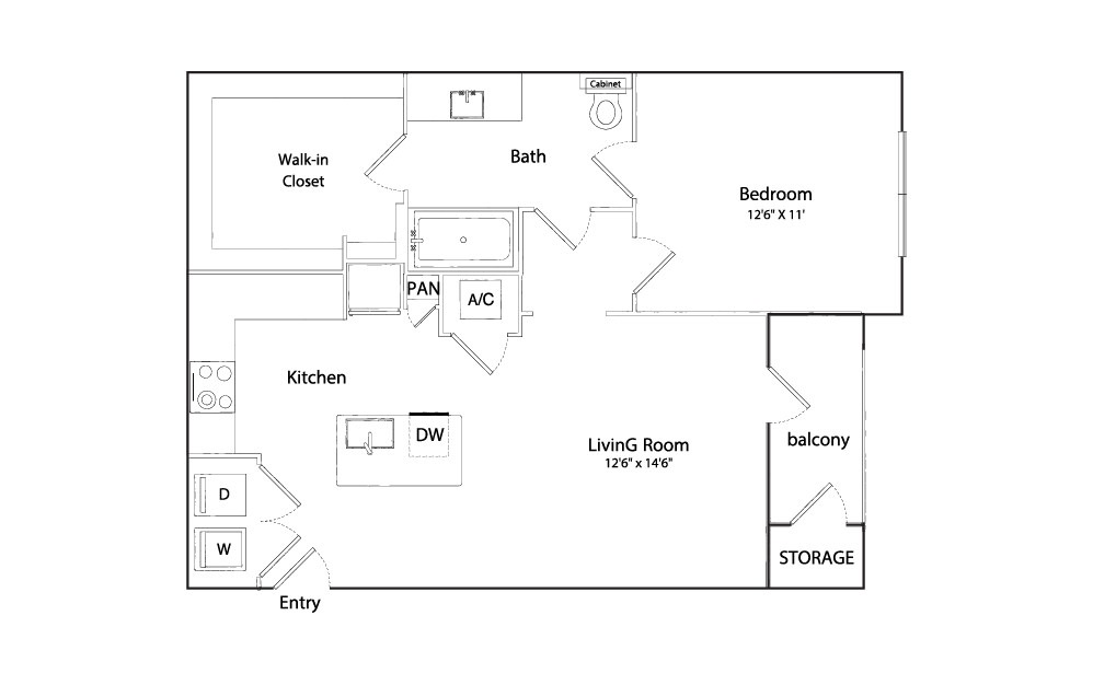 A1-HC - 1 bedroom floorplan layout with 1 bathroom and 756 square feet