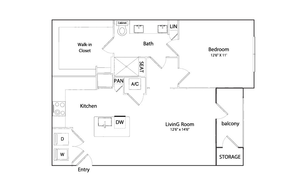 Clover - 1 bedroom floorplan layout with 1 bath and 756 square feet.