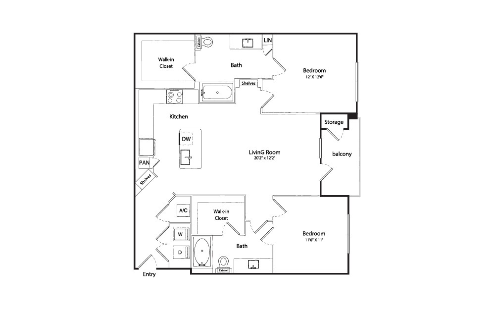 B1-HC - 2 bedroom floorplan layout with 2 bathrooms and 1160 square feet