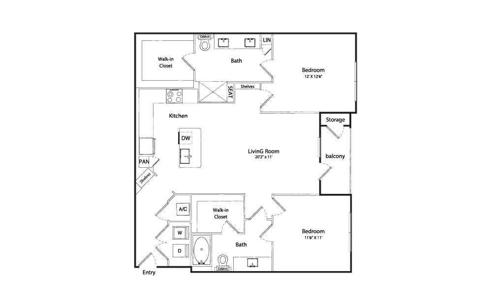 Willow - 2 bedroom floorplan layout with 2 baths and 1160 square feet.