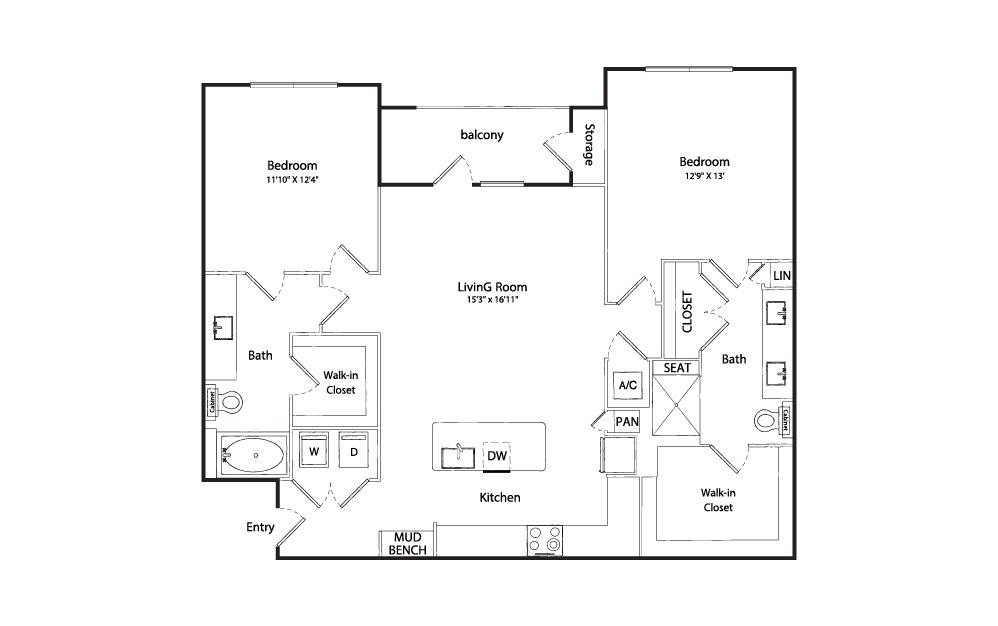 Cypress - 2 bedroom floorplan layout with 2 baths and 1219 square feet.