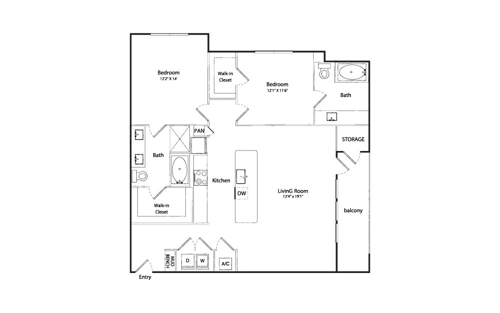 Laurel - 2 bedroom floorplan layout with 2 baths and 1244 square feet.