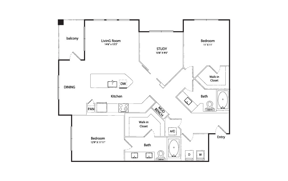 Magnolia I - 2 bedroom floorplan layout with 2 baths and 1323 square feet.