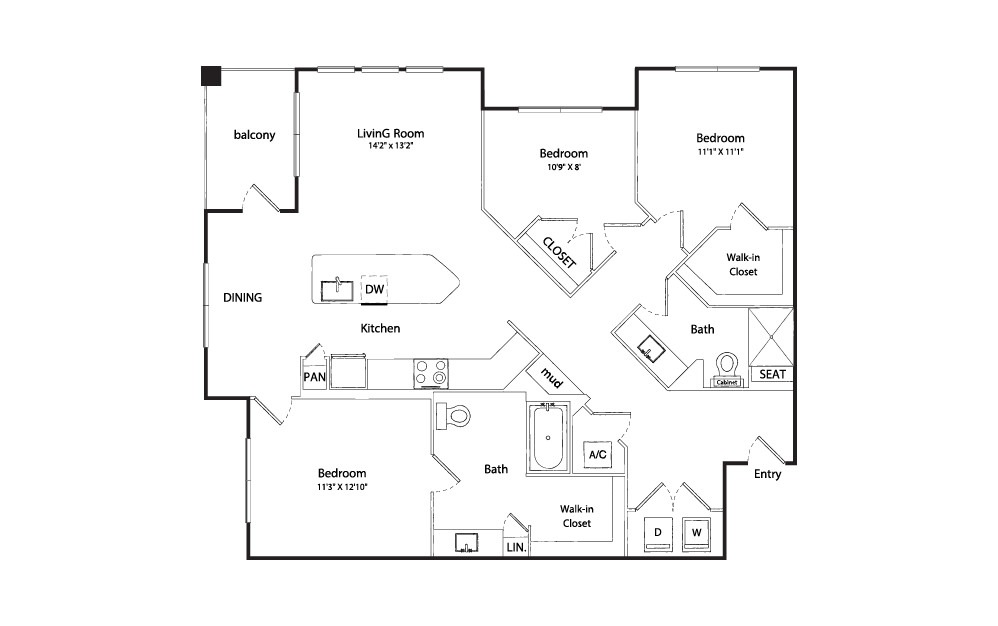 C1-HC - 3 bedroom floorplan layout with 2 bathrooms and 1324 square feet C1-HC - 3 bedroom floorplan layout with 2 bathrooms and 1324 square feet